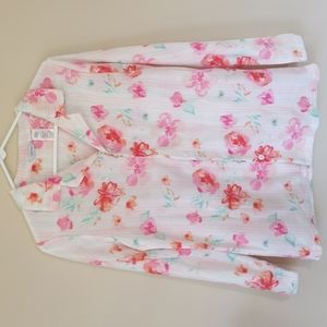 Mayfair Fleece Floral Button Up Pajama Top Sleepwear S White Pink Green